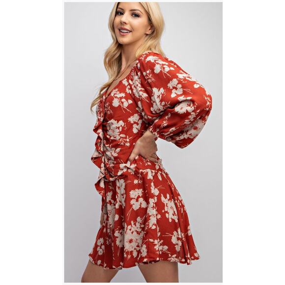 Easel Floral Printed Fitted Dress Small Crimson ED21644 - Picture 2 of 3